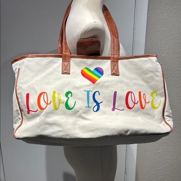 happy life Handbags - White and Brown Tote with Rainbow Message